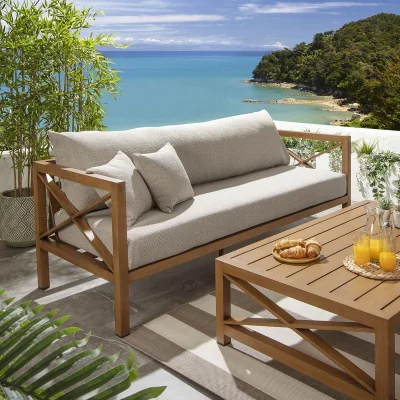 Quatropi Premium Outdoor Garden Sofa Modern Wood Effect Aluminium Cream Oak 210cm
