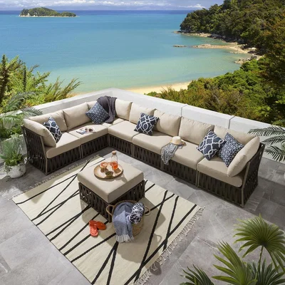 Quatropi 6 Seater Modular Corner Sofa & Footstool Garden Furniture Set Brown Rattan | Theo
