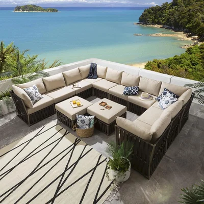 Quatropi Large 8 Seater Modular U-Shaped Corner Sofa + Footstool Garden Furniture Set Brown Rattan | Theo