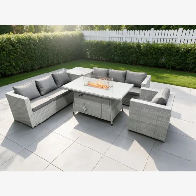 The Range Rattan Fire Pit Garden Furniture Set Gas Heater Burner Lounge Sofa - Light Grey Mixed