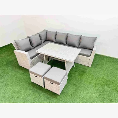 The Range Fimous 8-Seater Outdoor Rattan Corner Sofa & Dining Set, Light Grey Mixed - Light Grey Mixed rattan with dark grey fabric