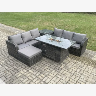 The Range Fimous Garden Rattan Sofa and Gas Fire Pit Dining Set with Side Table and Footstool - Dark Grey
