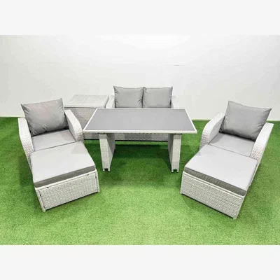 The Range Fimous 6-Seater PE Rattan Outdoor Sofa & Dining Set with Reclining Chairs and Footstools - Light grey rattan + dark grey fabric