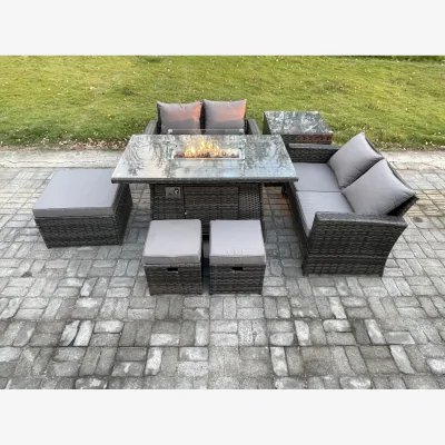 The Range Fimous 7-Seater PE Rattan Garden Sofa & Dining Set with Gas Fire Pit and Footstools. - Dark grey mixed rattan with dark grey fabric