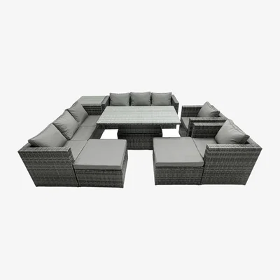 The Range Fimous 10-Seat PE Rattan Outdoor Sofa & Rising Dining Set Dark Grey - Dark grey mixed