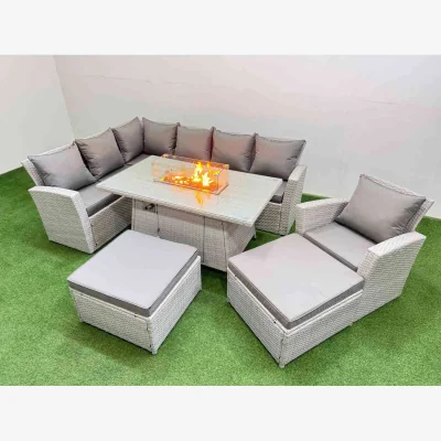 The Range Fimous Outdoor Rattan Corner Sofa and Fire Pit Dining Set with Tempered Glass. - Light Grey Mixed