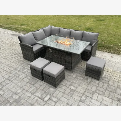 The Range Fimous 9-Seater Rattan Garden Set with High-Back Corner Sofas and Gas Fire Pit, Dark Grey Mixed. - Dark Grey Mixed