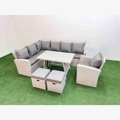 The Range Fimous Garden Rattan Corner Sofa and Dining Set, 9-Piece Light Grey Mixed. - Light Grey Mixed