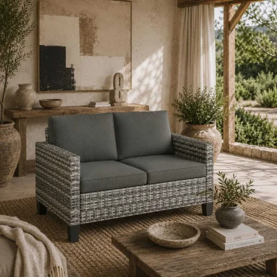 The Range Kalazi Rattan Light Grey 2 Seater Outdoor Sofa With Cushions