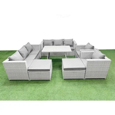 The Range Fimous Modular 10-Seater Outdoor PE Rattan Sofa & Dining Set with 2 Big Stools Light Grey - Light grey mixed rattan with dark grey fabric