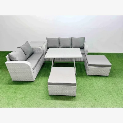 The Range Fimous Outdoor PE Rattan 7-Seater Garden Sofa and Dining Table Set - Light Grey. - Light Grey