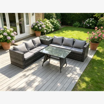 The Range 6 Seater Grey Rattan Sofa Dining Set 2 Tables Garden Furniture - Dark Grey Mixed
