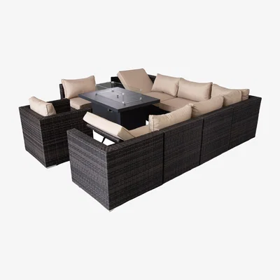 The Range Rattan 10 Piece Modular Outdoor Recliner Garden Sofa with Fire Pit Table Set - Mix Brown