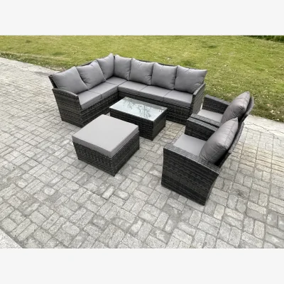The Range Fimous 9-Seater Rattan Garden Furniture Set with High-Back Corner Sofa and Tempered Glass Table. - Dark grey mixed rattan with dark grey fabric