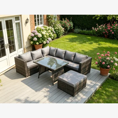 The Range 7 Seater Grey Rattan Sofa Dining Set Table Garden Furniture - Dark Grey Mixed
