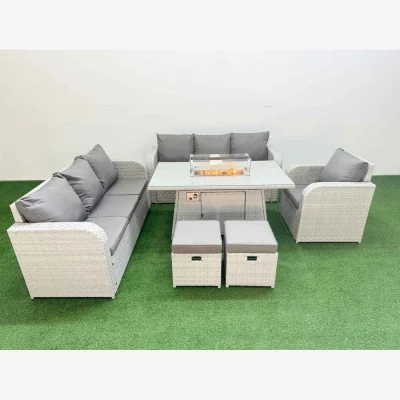 The Range Fimous 9-Seater Poly Rattan Outdoor Set with Firepit Table, Sofas & Reclining Chairs, Light Grey. - Light Grey