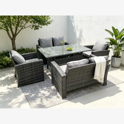 The Range 6 Seater Outdoor High Back Rattan Sofa Dining Table Set - Dark Grey Mixed