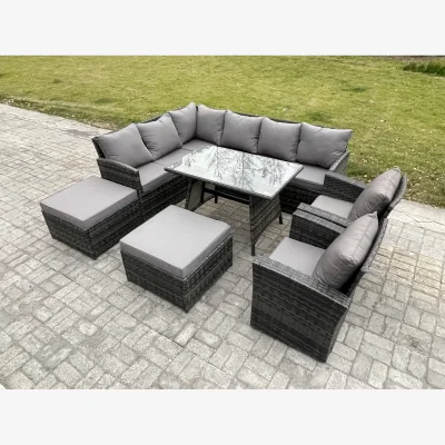 The Range Fimous Outdoor Rattan Garden Corner Sofa and Dining Set, Dark Grey Mixed. - Dark Grey Mixed