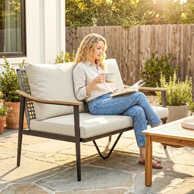 The Range Rattan Garden Sofa with Cushions - Khaki