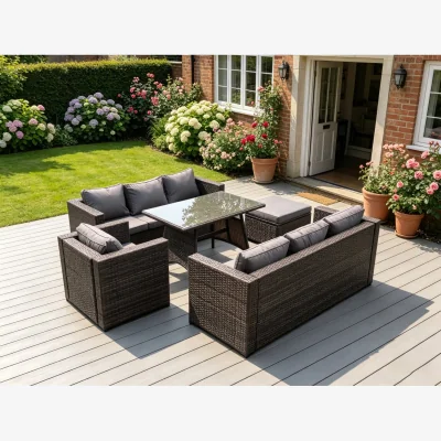 The Range 8 Seater Rattan Sofa Dining Set Table Garden Furniture Outdoor - Dark Grey Mixed