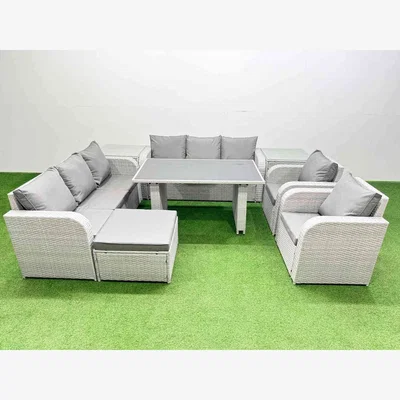 The Range Fimous 9 Seater Wicker PE Rattan Outdoor Sofa and Dining Set with Reclining Chairs Light Grey - Light Grey