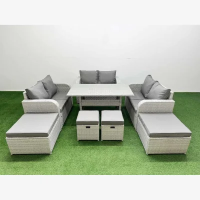 The Range Fimous 10-Seater PE Rattan Garden Sofa and Dining Set, Light Grey. - Light grey rattan + dark grey fabric