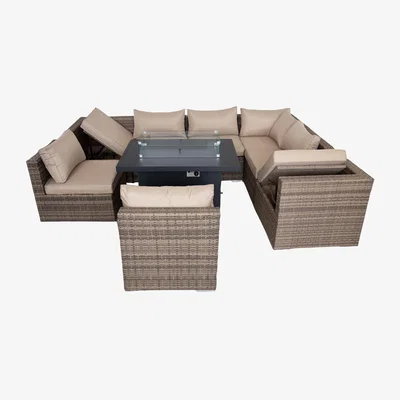 The Range Rattan 9 Piece Modular Outdoor Recliner Garden Sofa with Fire Pit Table Set - Nature