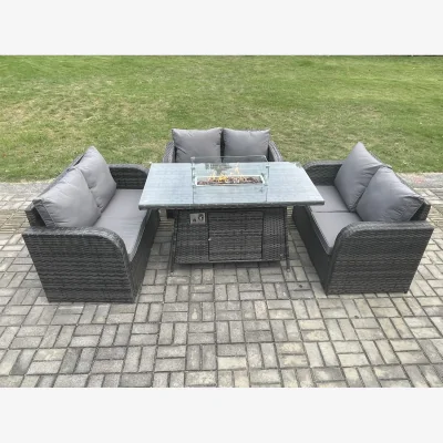 The Range Fimous Rattan Outdoor Sofa & Gas Fire Pit Dining Set, Dark Grey Mixed. - Dark Grey