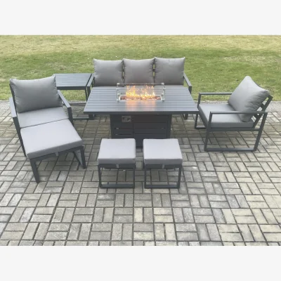 The Range Fimous 8-Seat Aluminium Outdoor Sofa & Gas Fire Pit Dining Table Set Dark Grey. - Dark Grey