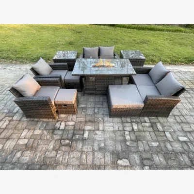The Range Fimous Outdoor 10-Piece Wicker Rattan Garden Sofa and Gas Firepit Dining Set. - Dark grey mixed rattan with dark grey fabric