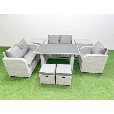 The Range Fimous PE Rattan 7-Seater Outdoor Sofa & Dining Set with Recliners, Light Grey - Light grey rattan with dark grey fabric