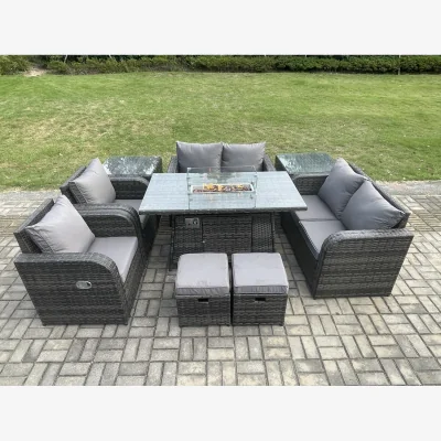 The Range Fimous 8 Seater Rattan Garden Furniture Set with Propane Gas Fire Pit Table and Sofa Chairs - Dark Grey
