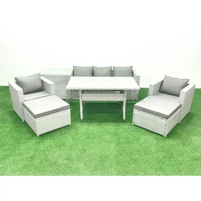 The Range Fimous 7-Seater Garden Dining Set Outdoor Rattan Sofa and Dining Table Light Grey Mixed - Light grey mixed rattan with dark grey fabric