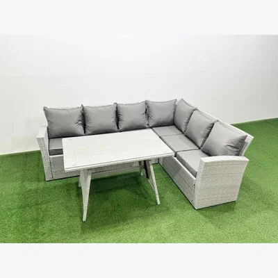 The Range Fimous 6 Seater Outdoor Rattan Corner Sofa and Dining Table Set Light Grey Mixed - Light Grey Mixed rattan with dark grey fabric