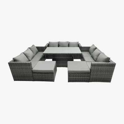 The Range Fimous 11-Seater PE Rattan Outdoor Sofa and Rising Dining Table Set in Dark Grey Mixed. - Light Grey Mixed rattan with dark grey fabric