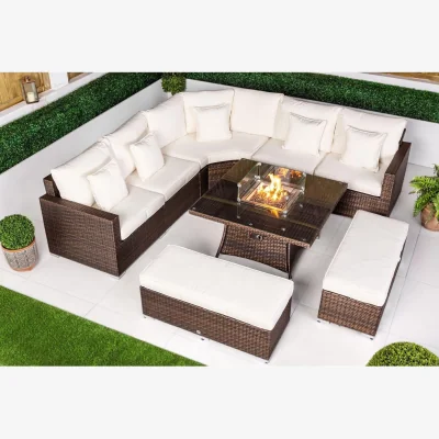 The Range Santorini Corner Sofa Rattan Garden Furniture Set Fire Pit Table Bench - Grey