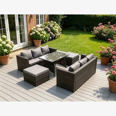 The Range 8 Seater Rattan Sofa Dining Table Outdoor Garden Furniture - Dark Grey Mixed