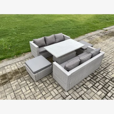 The Range Fimous PE Rattan Outdoor Sofa Dining Set with Adjustable Table and 2 Stools - light Grey Mixed