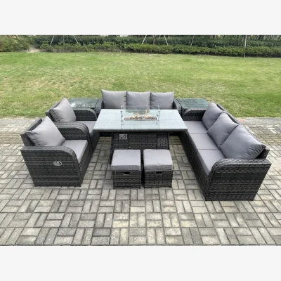 The Range Fimous Rattan Garden Set with Gas Fire Pit, 2 Sofas, 2 Chairs, 2 Footstools - Dark Grey