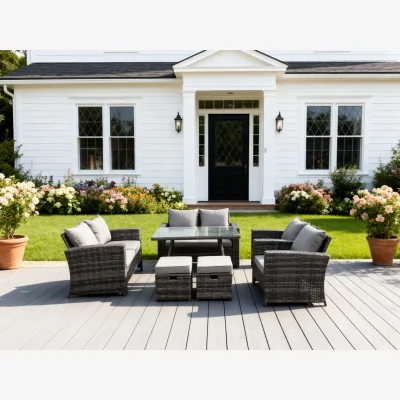 The Range 8 Seater Outdoor High Back Rattan Sofa Dining Table Set - Dark Grey Mixed