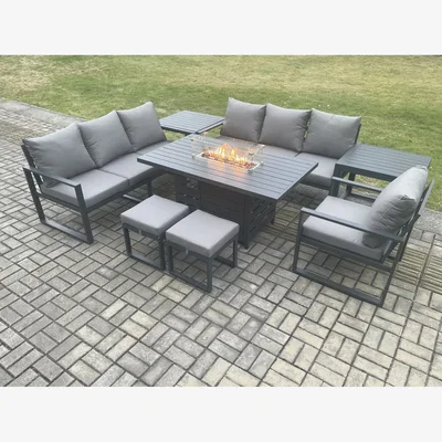 The Range Fimous Aluminium 8-Piece Garden Sofa and Dining Set with Cushions and Gas Fire Pit, Dark Grey. - Dark Grey