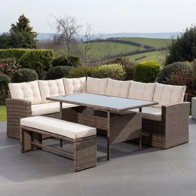 The Range Piana Outdoor Rattan Corner Sofa with Table and Bench - Cream on Brown