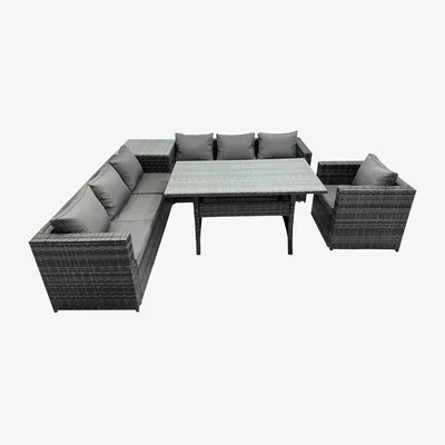 The Range Fimous 7-Seater Outdoor Rattan Corner Sofa Dining Set with Side Table Dark Grey - Dark grey mixed rattan with dark grey fabric