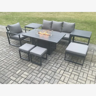The Range Fimous Aluminium 8-Piece Outdoor Sofa & Dining Set with Gas Fire Pit and Cushions Dark Grey - Dark Grey