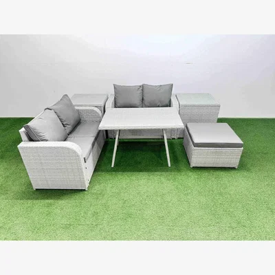 The Range Fimous 5-Seater Outdoor PE Rattan Sofa & Dining Set in Light Grey. - Light Grey