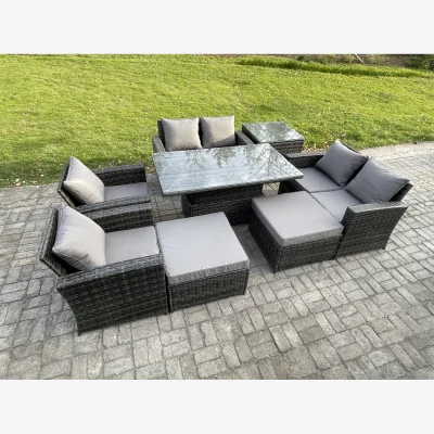 The Range Fimous 8-Piece Outdoor Garden Rattan Sofa and Rising Dining Table Set, Dark Grey Mixed. - Dark grey mixed rattan with dark grey fabric