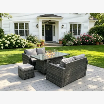 The Range Fimous 6-Seater Rattan Outdoor Sofa Dining Set with Gas Fire Pit, Dark Grey Mixed. - Dark Grey