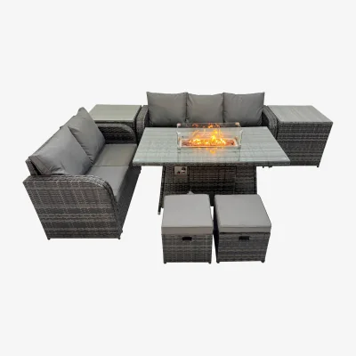 The Range Fimous Garden Rattan Furniture Set with Gas Fire Pit Table, 3-Seater Sofa and Love Seat. - Dark Grey Mixed