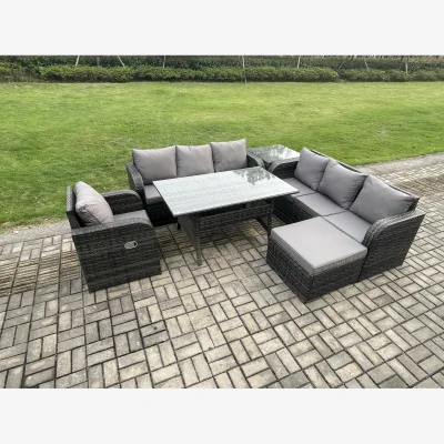 The Range Fimous 8-Seater Rattan Garden Set with Dining Table and 3-Seater Sofa - Dark Grey Mixed