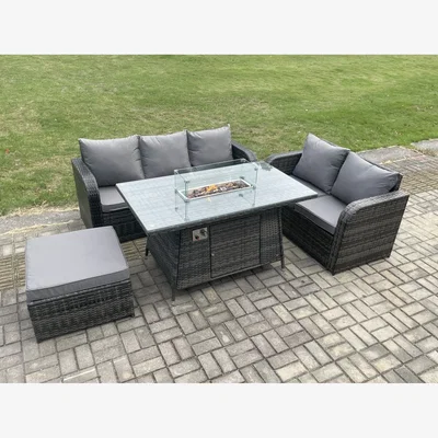 The Range Fimous PE Wicker Outdoor Rattan Sofa Dining Set with Propane Gas Fire Pit - Dark Grey